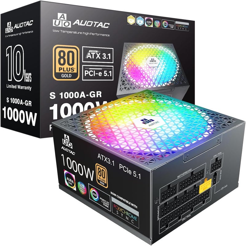 Auotac مزود طاقة 1000 واط بالكامل معتمد 80+ ذهبية مع كابل 12V-2x6 – متوافق مع ATX 3.1 و PCIe 5.1، مروحة ذكية RGB منخفضة الضوضاء 140 مم، مكثفات مصنفة 105℃، سوداء - Image 1